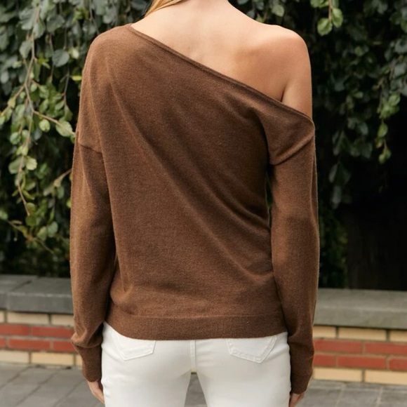 Brown Asymmetrical Off the shoulder Sweater - Picture 6 of 6